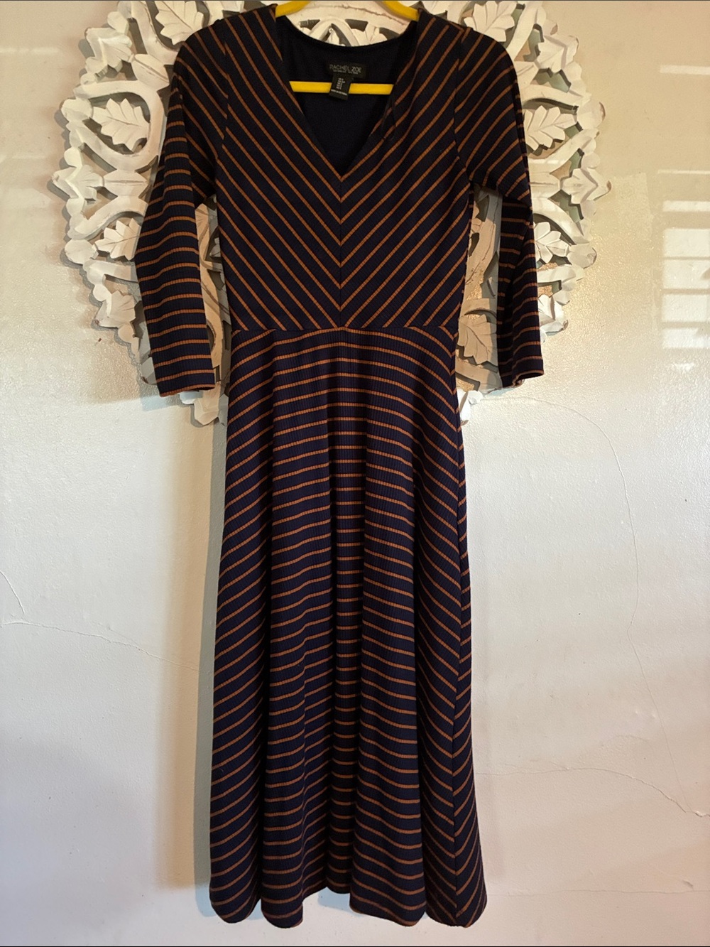 Rachel Zoe Navy and Rust Striped V‑Neck Long Sleeve Midi Dress